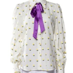 Marc Jacobs Floral Embroidered Blouse with Purple Tie